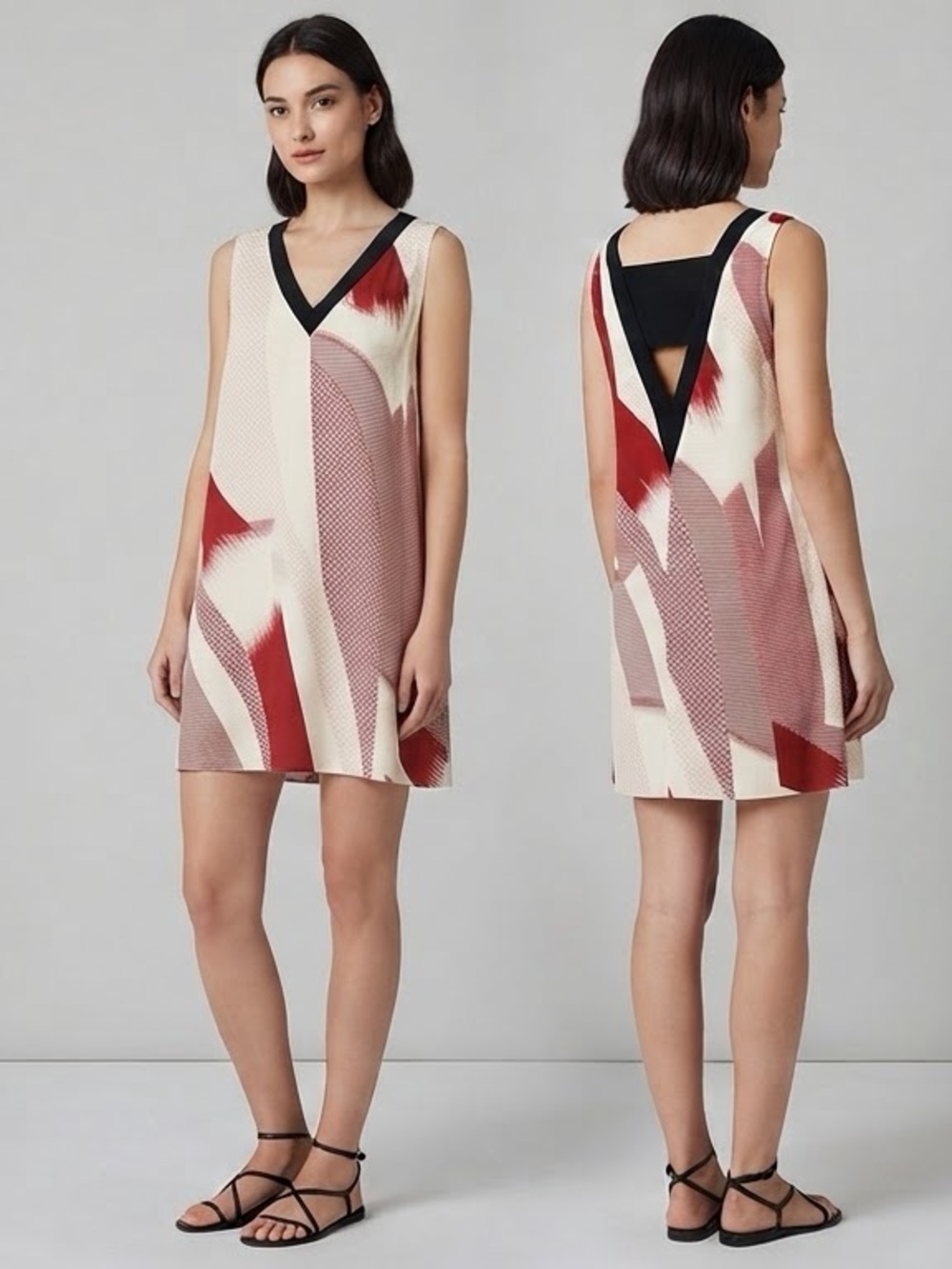 Trouvรฉ Sleeveless V-Neck Shift Dress Abstract Print Burgundy Ivory Size XS